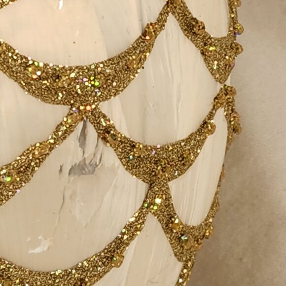 Faberge Inspired Handmade Glass Egg Ornament White Gold Glitter Reflective Embel - Picture 3 of 11